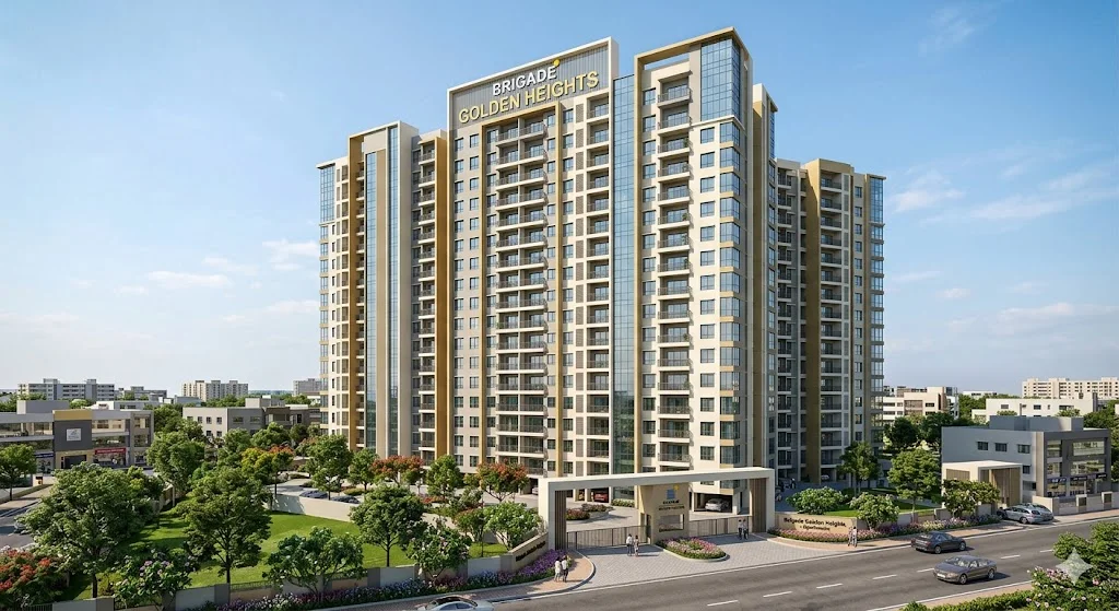 Modern high-rise facade of Brigade Golden Heights luxury apartments located in Rajajinagar, West Bangalore.